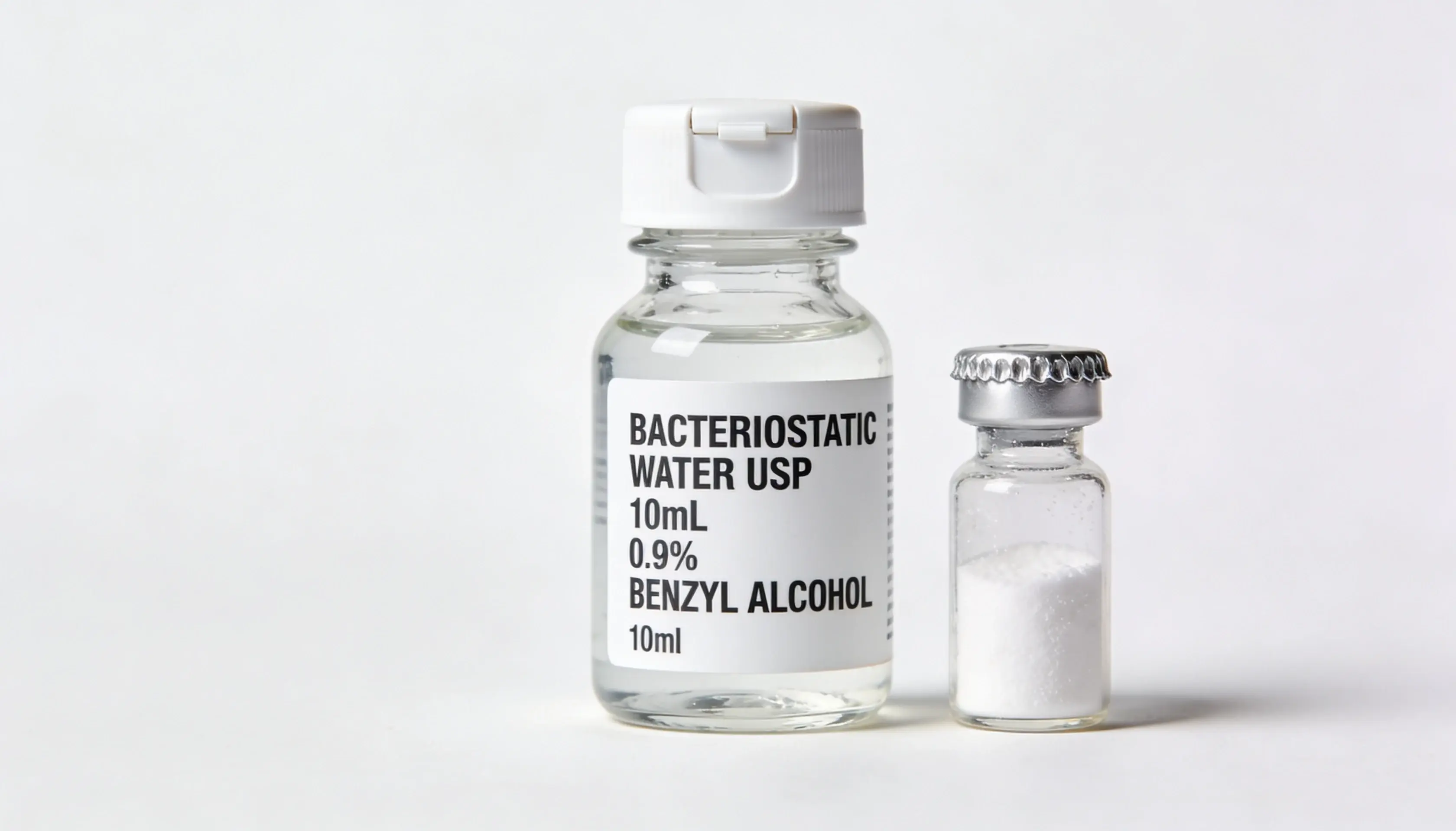 Bacteriostatic water USP 10mL multi-dose vial next to a lyophilized peptide vial with white powder