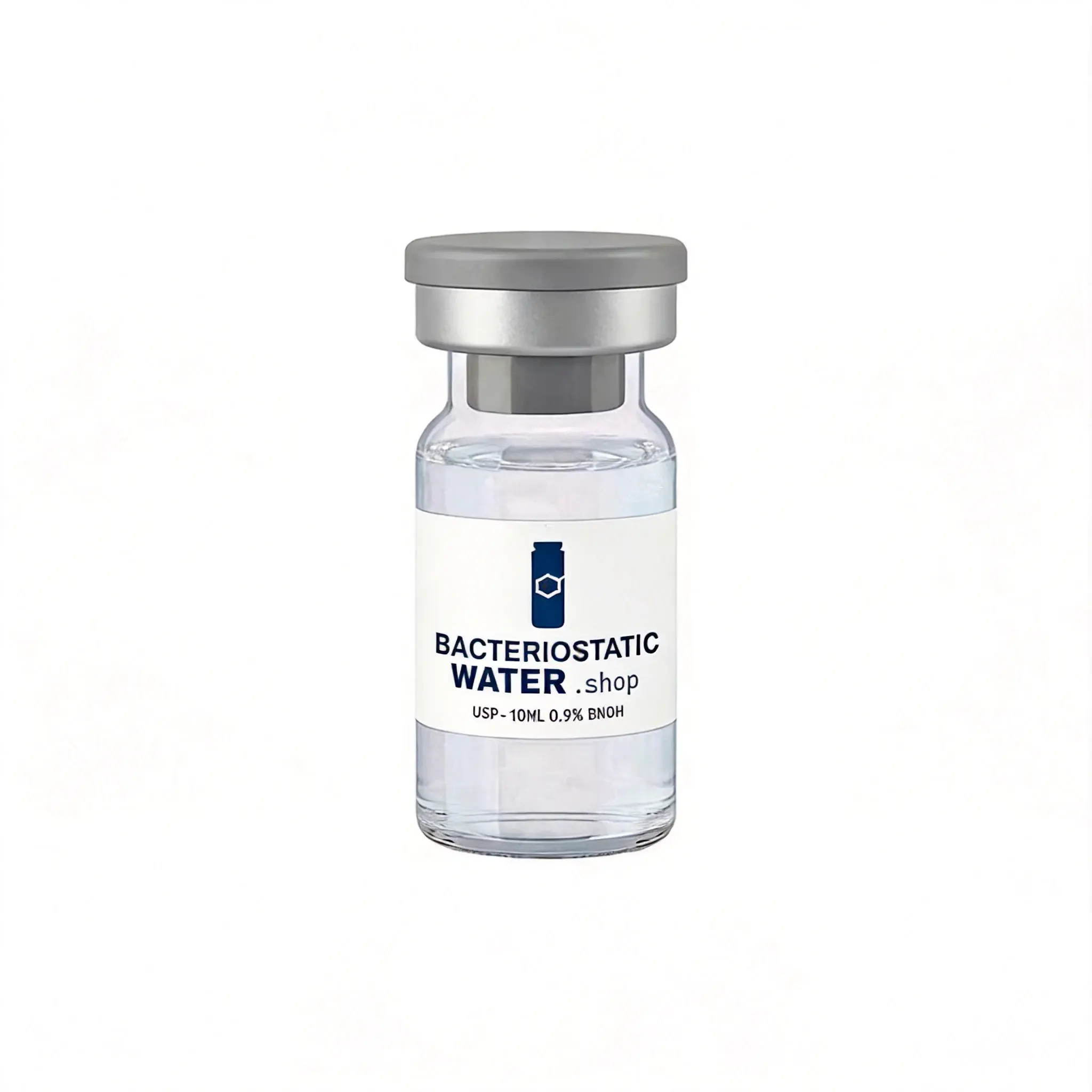 Bacteriostatic Water USP 10mL 0.9% Benzyl Alcohol — single glass vial with rubber stopper and aluminum seal